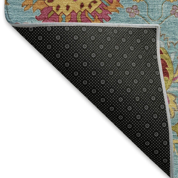 HomeRoots 8' Teal Blue, Gold & Pink Round Damask Area Rug - Washable, Durable, Stylish for Indoor & Outdoor Use 657861