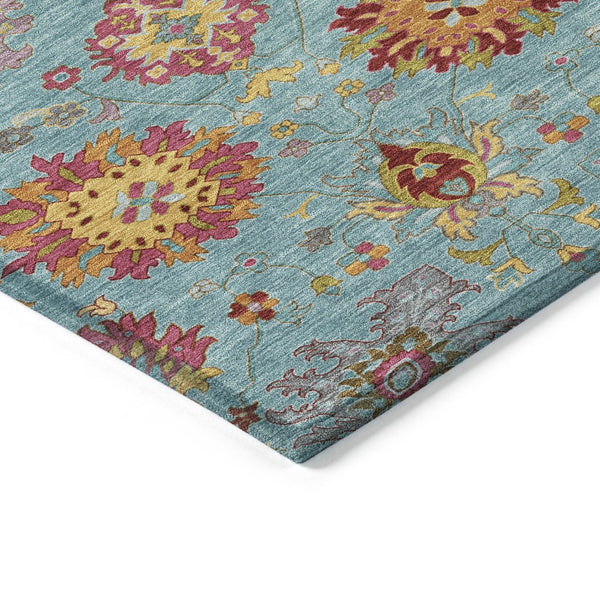 HomeRoots 8' Teal Blue, Gold & Pink Round Damask Area Rug - Washable, Durable, Stylish for Indoor & Outdoor Use 657861