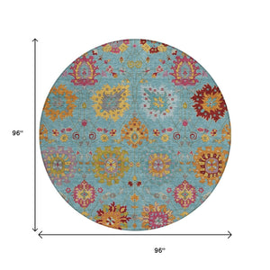 HomeRoots 8' Teal Blue, Gold & Pink Round Damask Area Rug - Washable, Durable, Stylish for Indoor & Outdoor Use 657861