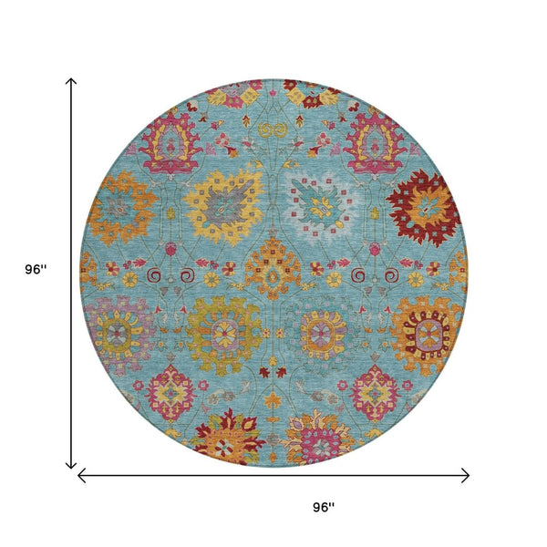 HomeRoots 8' Teal Blue, Gold & Pink Round Damask Area Rug - Washable, Durable, Stylish for Indoor & Outdoor Use 657861