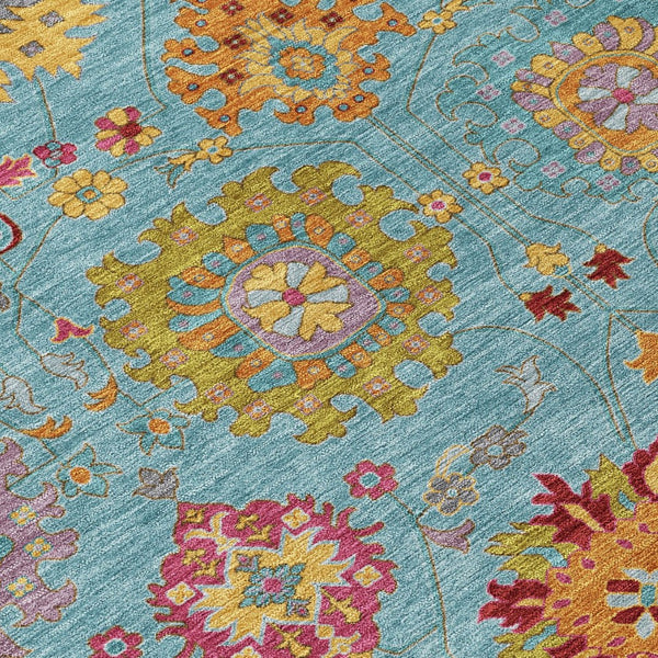 HomeRoots 8' Teal Blue, Gold & Pink Round Damask Area Rug - Washable, Durable, Stylish for Indoor & Outdoor Use 657861