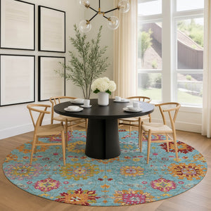 HomeRoots 8' Teal Blue, Gold & Pink Round Damask Area Rug - Washable, Durable, Stylish for Indoor & Outdoor Use 657861