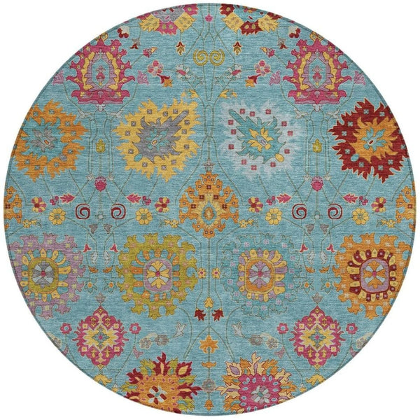 HomeRoots 8' Teal Blue, Gold & Pink Round Damask Area Rug - Washable, Durable, Stylish for Indoor & Outdoor Use 657861