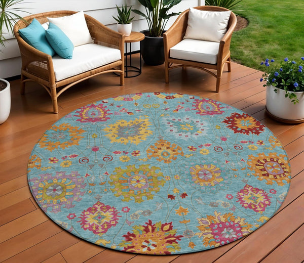 HomeRoots 8' Teal Blue, Gold & Pink Round Damask Area Rug - Washable, Durable, Stylish for Indoor & Outdoor Use 657861