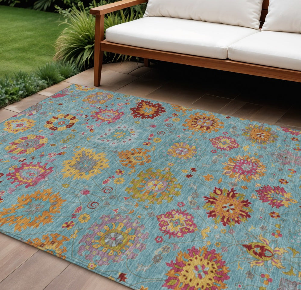 HomeRoots 8' X 10' Teal Blue Gold & Pink Damask Area Rug – Durable, Washable, Stylish for Indoors & Outdoors! 657862