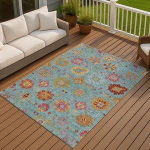 HomeRoots 8' X 10' Teal Blue Gold & Pink Damask Area Rug – Durable, Washable, Stylish for Indoors & Outdoors! 657862