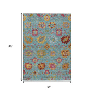 HomeRoots 8' X 10' Teal Blue Gold & Pink Damask Area Rug – Durable, Washable, Stylish for Indoors & Outdoors! 657862