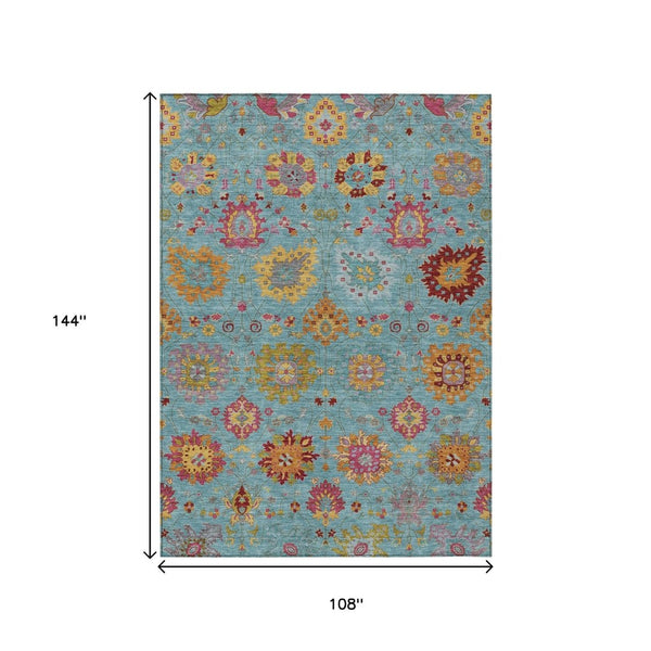 HomeRoots 9' Classic Teal Blue, Gold, and Pink Damask Area Rug – Washable, Durable for Indoor & Outdoor Use 657863