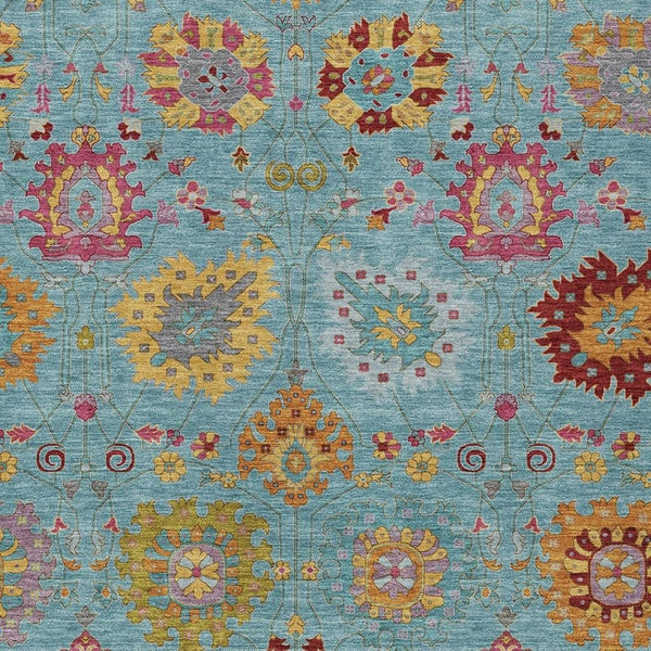HomeRoots 9' Classic Teal Blue, Gold, and Pink Damask Area Rug – Washable, Durable for Indoor & Outdoor Use 657863