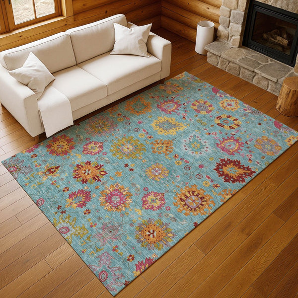 HomeRoots 9' Classic Teal Blue, Gold, and Pink Damask Area Rug – Washable, Durable for Indoor & Outdoor Use 657863