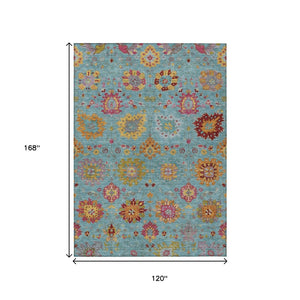 HomeRoots 10' Teal Blue, Gold & Pink Damask Washable Area Rug - Stylish Indoor/Outdoor Elegance for High-Traffic Spaces 657864