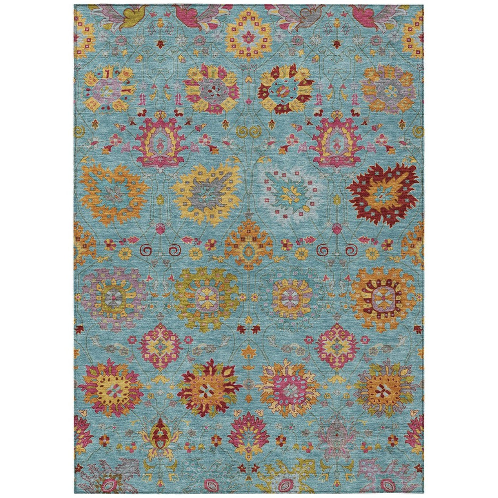 HomeRoots 10' Teal Blue, Gold & Pink Damask Washable Area Rug - Stylish Indoor/Outdoor Elegance for High-Traffic Spaces 657864