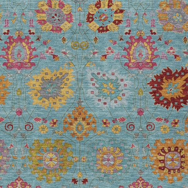 HomeRoots 10' Teal Blue, Gold & Pink Damask Washable Area Rug - Stylish Indoor/Outdoor Elegance for High-Traffic Spaces 657864
