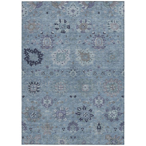 HomeRoots 5' Denim Blue & Gray Damask Washable Area Rug - Durable Indoor/Outdoor Design for High-Traffic Spaces 657866