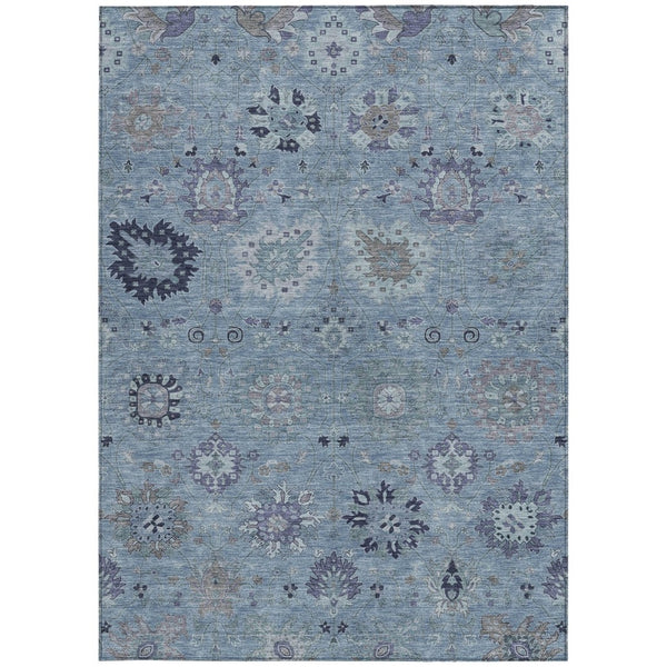 HomeRoots 5' Denim Blue & Gray Damask Washable Area Rug - Durable Indoor/Outdoor Design for High-Traffic Spaces 657866