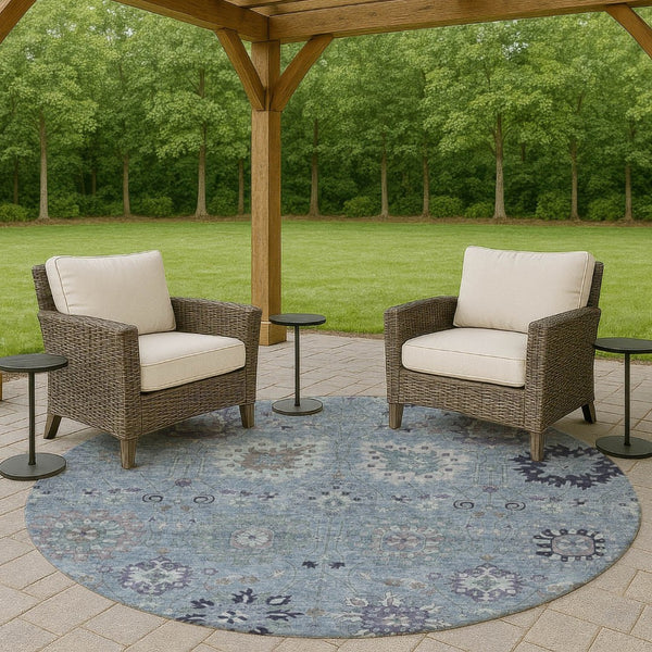 HomeRoots 8' Round Damask Area Rug in Denim Blue & Gray - Durable, Washable, Ideal for Indoor & Outdoor Spaces 657867