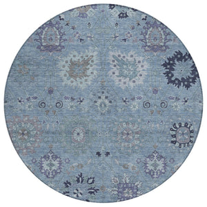 HomeRoots 8' Round Damask Area Rug in Denim Blue & Gray - Durable, Washable, Ideal for Indoor & Outdoor Spaces 657867