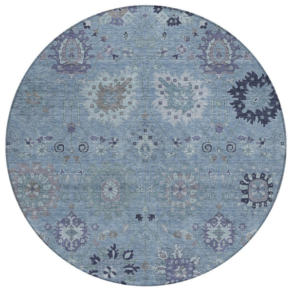 HomeRoots 8' Round Damask Area Rug in Denim Blue & Gray - Durable, Washable, Ideal for Indoor & Outdoor Spaces 657867