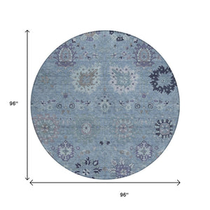 HomeRoots 8' Round Damask Area Rug in Denim Blue & Gray - Durable, Washable, Ideal for Indoor & Outdoor Spaces 657867