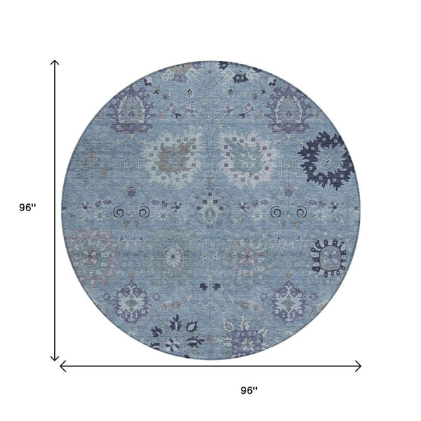 HomeRoots 8' Round Damask Area Rug in Denim Blue & Gray - Durable, Washable, Ideal for Indoor & Outdoor Spaces 657867