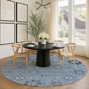 HomeRoots 8' Round Damask Area Rug in Denim Blue & Gray - Durable, Washable, Ideal for Indoor & Outdoor Spaces 657867