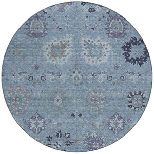 HomeRoots 8' Round Damask Area Rug in Denim Blue & Gray - Durable, Washable, Ideal for Indoor & Outdoor Spaces 657867