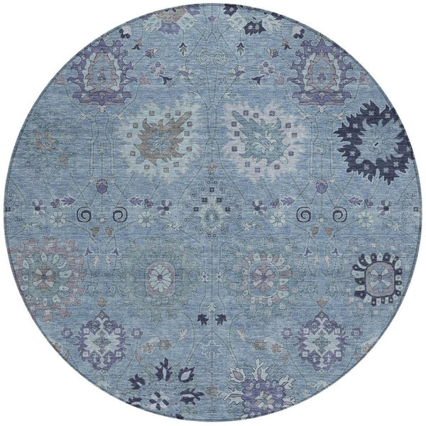 HomeRoots 8' Round Damask Area Rug in Denim Blue & Gray - Durable, Washable, Ideal for Indoor & Outdoor Spaces 657867