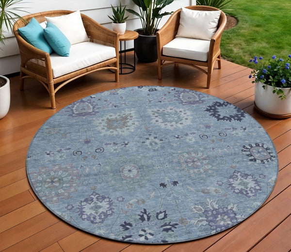 HomeRoots 8' Round Damask Area Rug in Denim Blue & Gray - Durable, Washable, Ideal for Indoor & Outdoor Spaces 657867