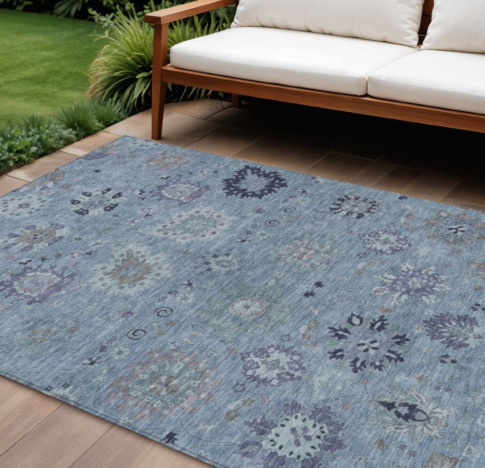 HomeRoots 8' X 10' Denim Blue and Gray Damask Area Rug - Stylish, Washable, Indoor/Outdoor, Durable & Versatile 657868