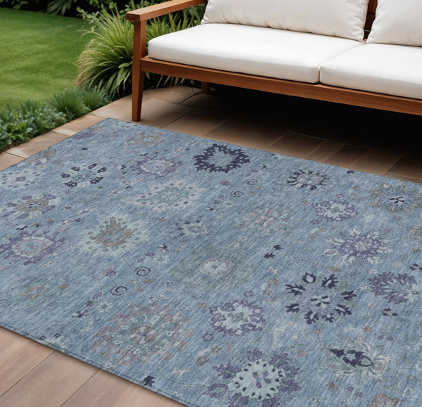 HomeRoots 8' X 10' Denim Blue and Gray Damask Area Rug - Stylish, Washable, Indoor/Outdoor, Durable & Versatile 657868