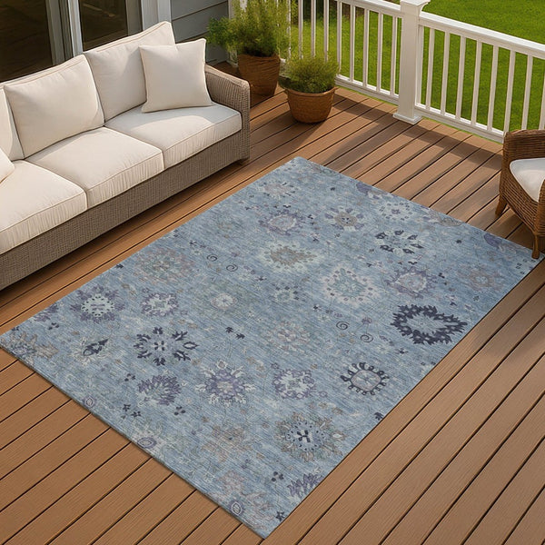HomeRoots 8' X 10' Denim Blue and Gray Damask Area Rug - Stylish, Washable, Indoor/Outdoor, Durable & Versatile 657868
