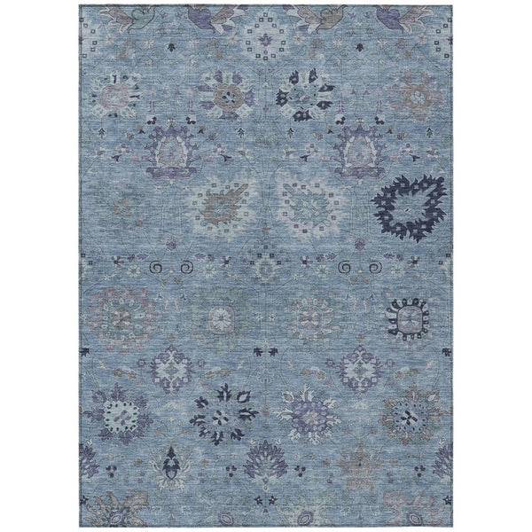 HomeRoots 8' X 10' Denim Blue and Gray Damask Area Rug - Stylish, Washable, Indoor/Outdoor, Durable & Versatile 657868