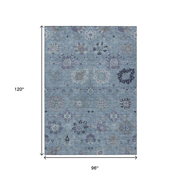 HomeRoots 8' X 10' Denim Blue and Gray Damask Area Rug - Stylish, Washable, Indoor/Outdoor, Durable & Versatile 657868