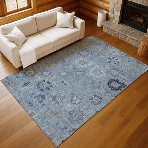 HomeRoots 8' X 10' Denim Blue and Gray Damask Area Rug - Stylish, Washable, Indoor/Outdoor, Durable & Versatile 657868