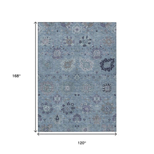 HomeRoots 10' Denim Blue & Gray Damask Area Rug - Washable, Durable, Stylish for Indoor/Outdoor Spaces 657870