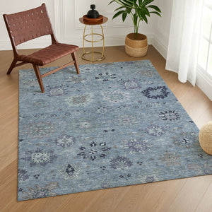 HomeRoots 10' Denim Blue & Gray Damask Area Rug - Washable, Durable, Stylish for Indoor/Outdoor Spaces 657870