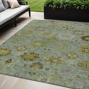 HomeRoots 5' Stylish Fern Green and Gray Damask Area Rug - Washable, Durable, Indoor/Outdoor Solution for All Spaces 657872