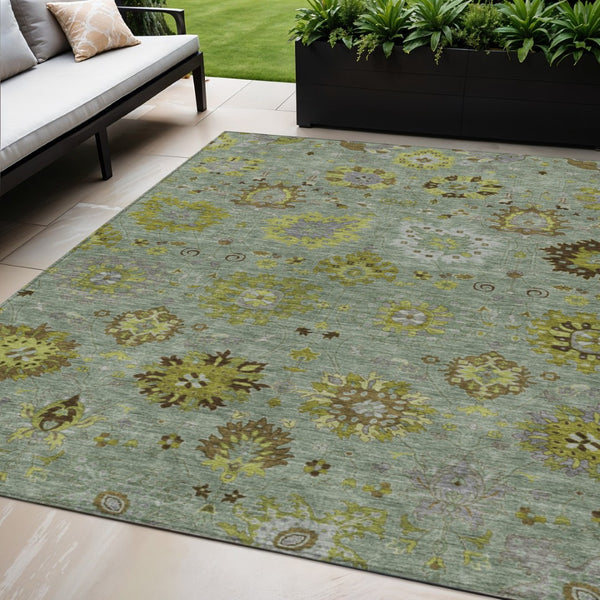 HomeRoots 5' Stylish Fern Green and Gray Damask Area Rug - Washable, Durable, Indoor/Outdoor Solution for All Spaces 657872