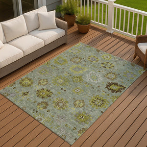 HomeRoots 5' Stylish Fern Green and Gray Damask Area Rug - Washable, Durable, Indoor/Outdoor Solution for All Spaces 657872