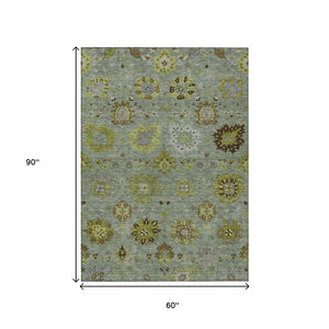 HomeRoots 5' Stylish Fern Green and Gray Damask Area Rug - Washable, Durable, Indoor/Outdoor Solution for All Spaces 657872