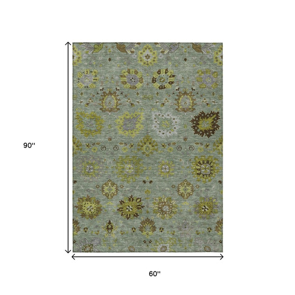 HomeRoots 5' Stylish Fern Green and Gray Damask Area Rug - Washable, Durable, Indoor/Outdoor Solution for All Spaces 657872
