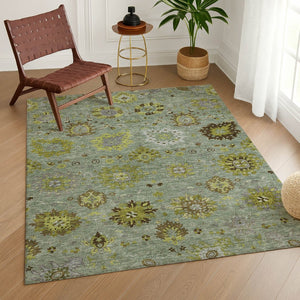 HomeRoots 5' Stylish Fern Green and Gray Damask Area Rug - Washable, Durable, Indoor/Outdoor Solution for All Spaces 657872
