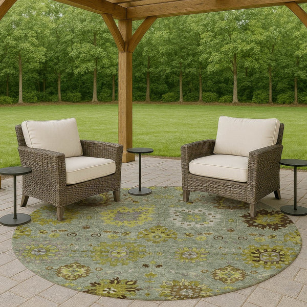 HomeRoots 8' Fern Green and Gray Round Damask Rug – Stylish, Washable, Stain-Resistant for Indoor & Outdoor Use 657873