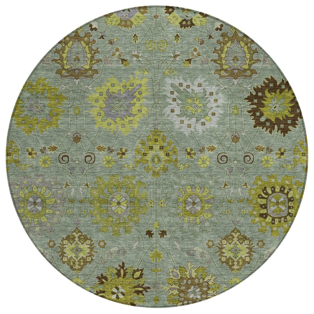 HomeRoots 8' Fern Green and Gray Round Damask Rug – Stylish, Washable, Stain-Resistant for Indoor & Outdoor Use 657873