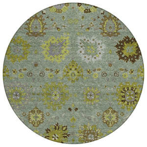 HomeRoots 8' Fern Green and Gray Round Damask Rug – Stylish, Washable, Stain-Resistant for Indoor & Outdoor Use 657873