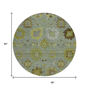 HomeRoots 8' Fern Green and Gray Round Damask Rug – Stylish, Washable, Stain-Resistant for Indoor & Outdoor Use 657873