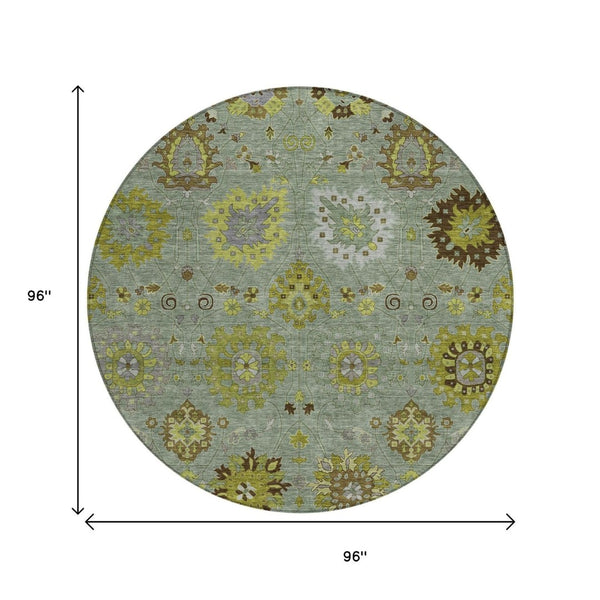 HomeRoots 8' Fern Green and Gray Round Damask Rug – Stylish, Washable, Stain-Resistant for Indoor & Outdoor Use 657873
