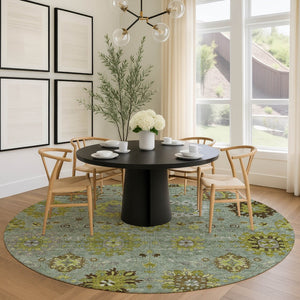 HomeRoots 8' Fern Green and Gray Round Damask Rug – Stylish, Washable, Stain-Resistant for Indoor & Outdoor Use 657873