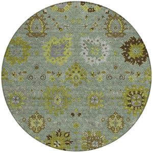 HomeRoots 8' Fern Green and Gray Round Damask Rug – Stylish, Washable, Stain-Resistant for Indoor & Outdoor Use 657873