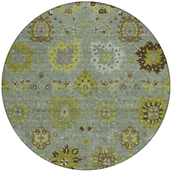 HomeRoots 8' Fern Green and Gray Round Damask Rug – Stylish, Washable, Stain-Resistant for Indoor & Outdoor Use 657873